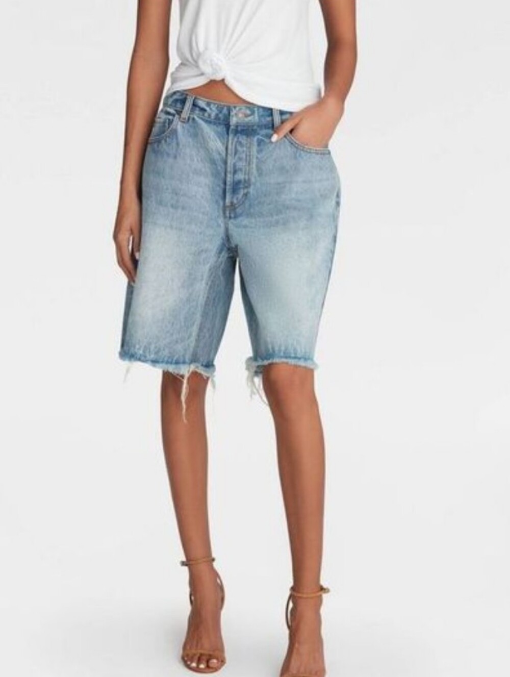 KBB Light Wash Denim Bermuda Shorts - Casual High-Rise Frayed Hem